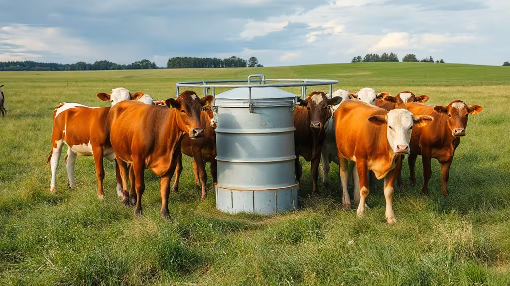 Troupeau de vaches laitières s'abreuvant à un abreuvoir automatique pâturage en prairie estivale.