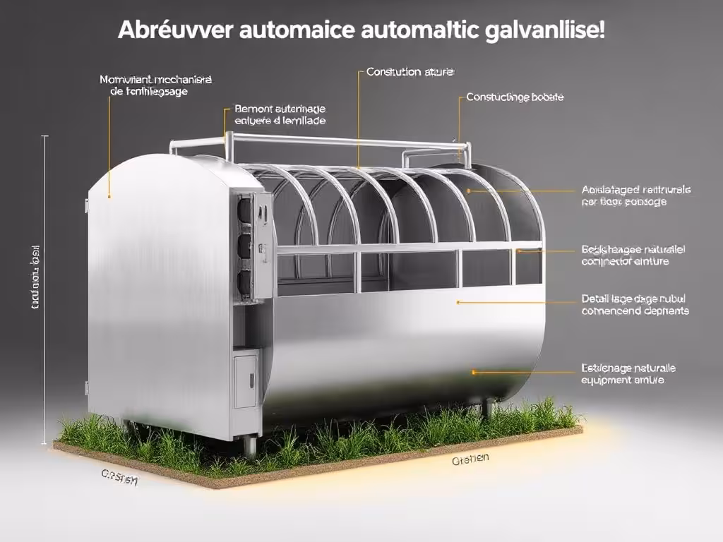 Détail d'un abreuvoir automatique galvanisé pour bovins, montrant sa structure métallique robuste.