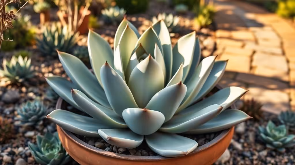 Agave attenuata mature dans un jardin ensoleillé, plante charnue en rosette pâle dans un pot de terre cuite
