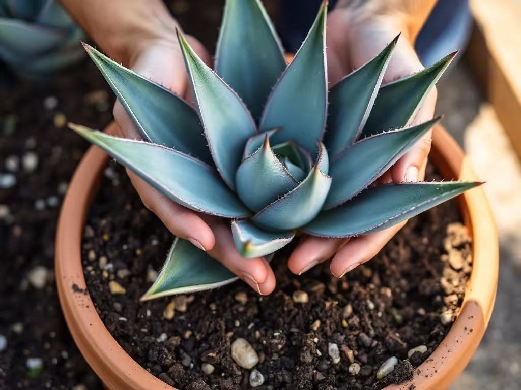 Rempotage d'une jeune agave attenuata dans un substrat bien drainé