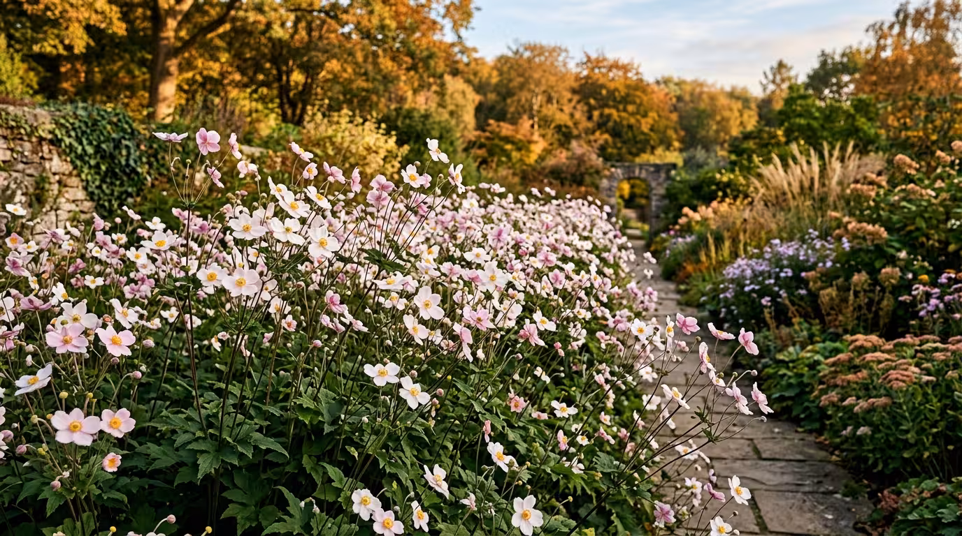 Anémone du Japon en massif fleuri d'automne, fleurs roses et blanches, feuillage vert foncé.