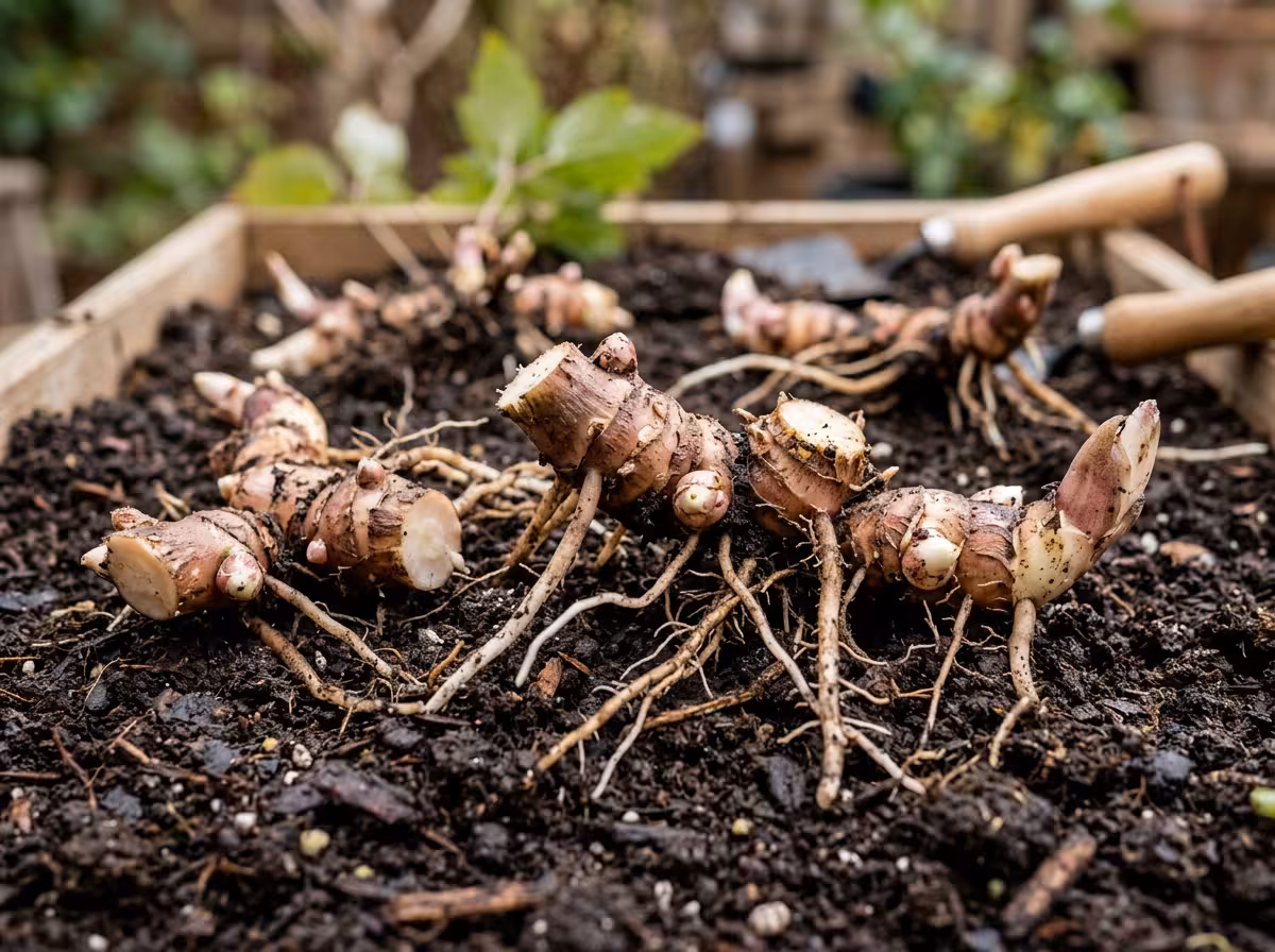 Rhizomes d'anémone du Japon divisés, prêts pour la multiplication et replantation.