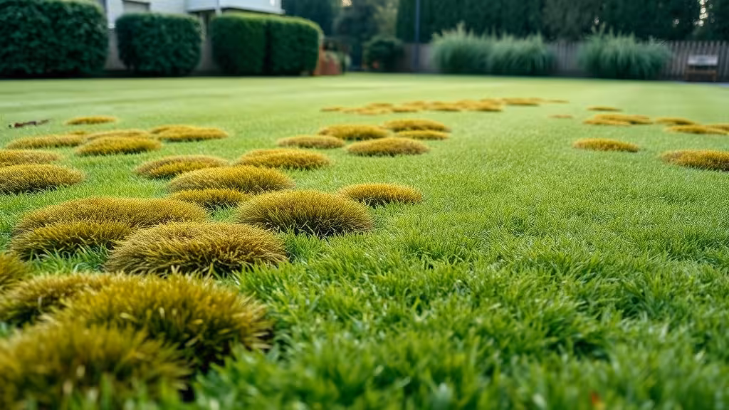 Gazon infesté de mousse vert-brunâtre contrastant avec des zones d'herbe saine, vue large de jardin.