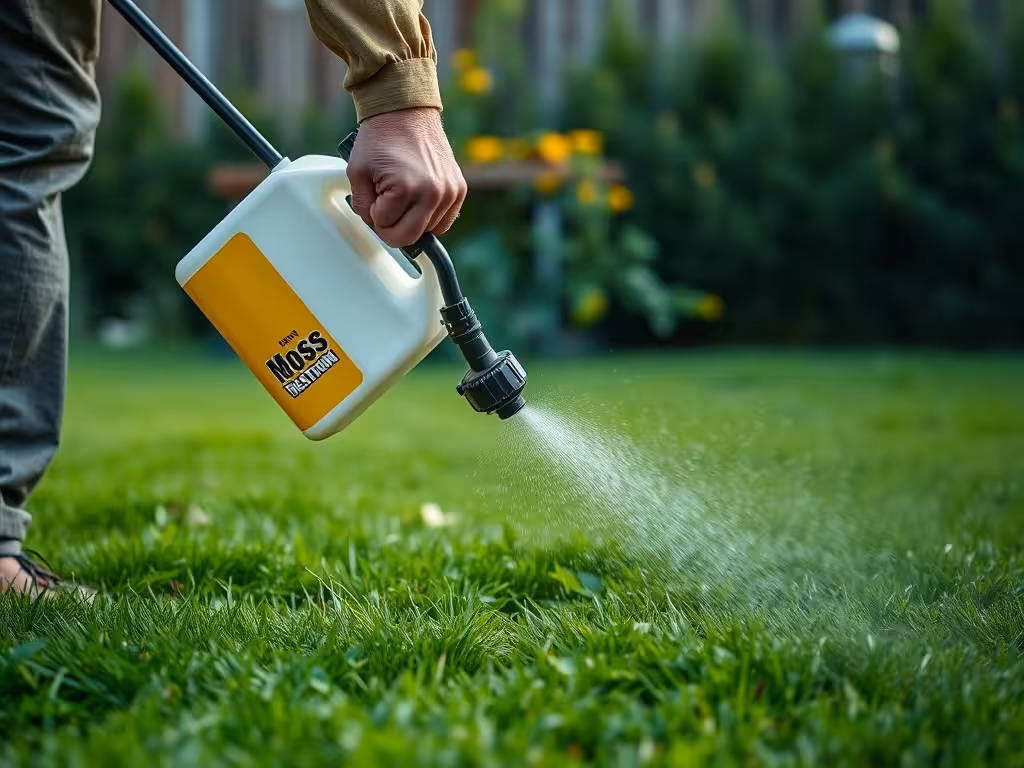 Application d'un traitement antimousse liquide au pulvérisateur sur un gazon, vue d'action pratique.