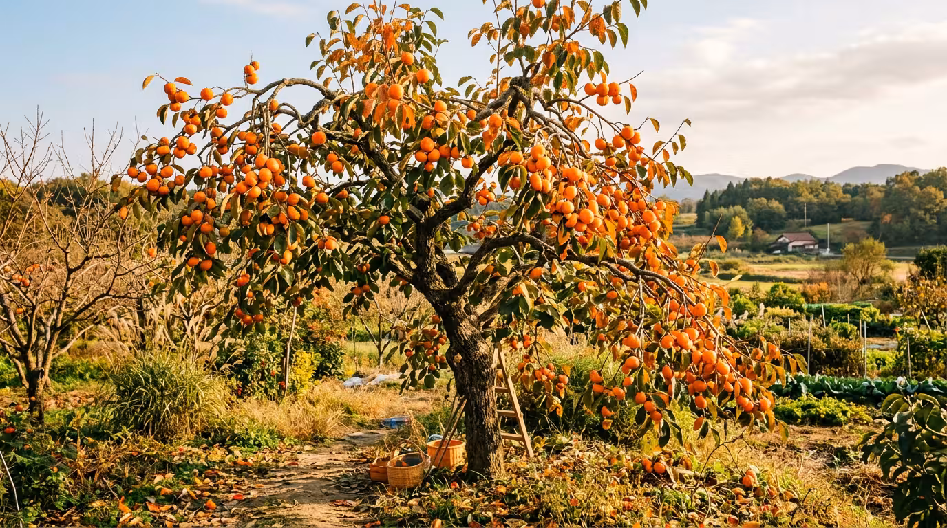 Arbre kakis adulte chargé de fruits orange, verger rustique, automne, lumière naturelle