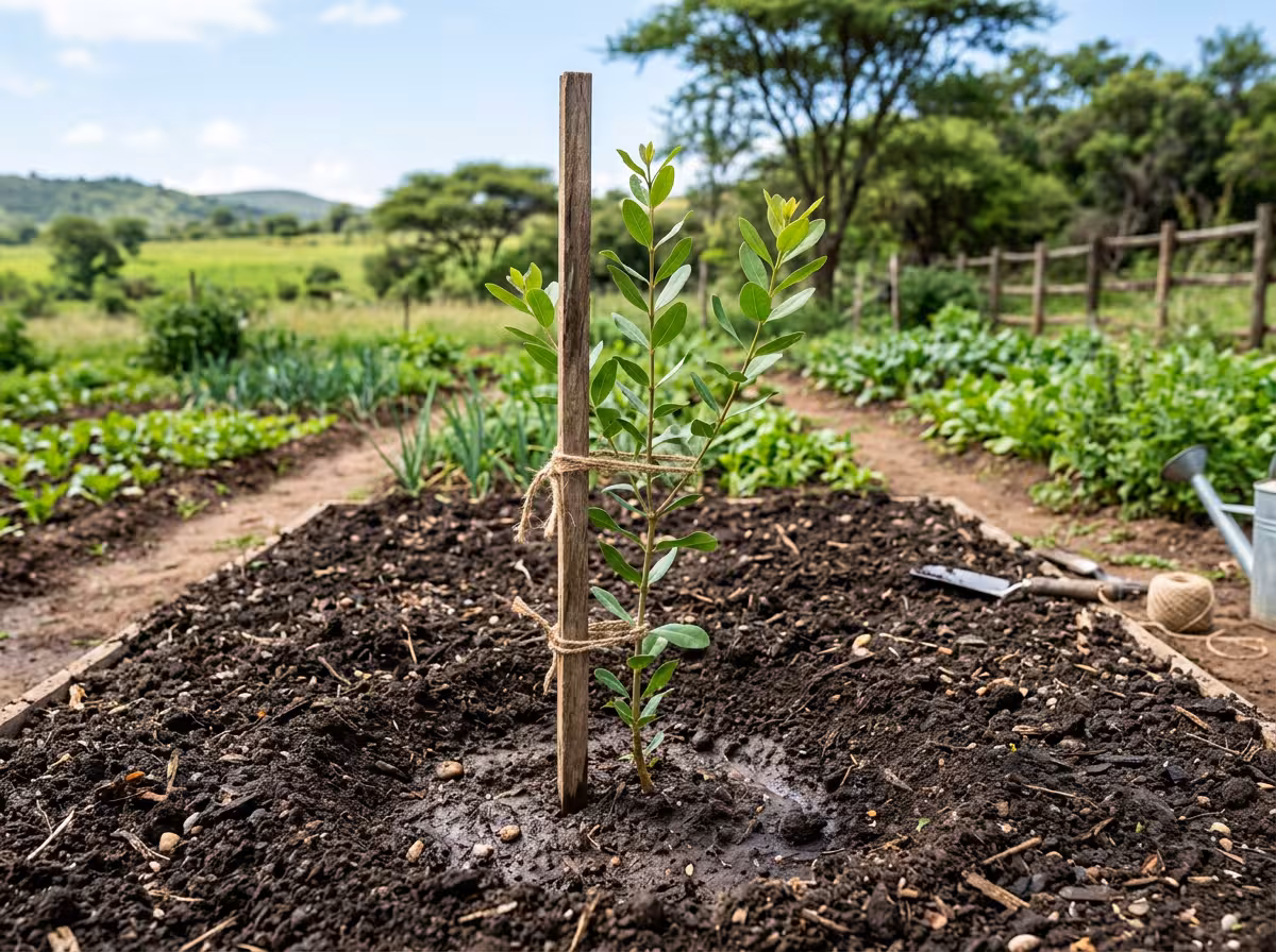 Jeune plaqueminier fraîchement planté au jardin, tuteur de support, sol enrichi, lumière de printemps