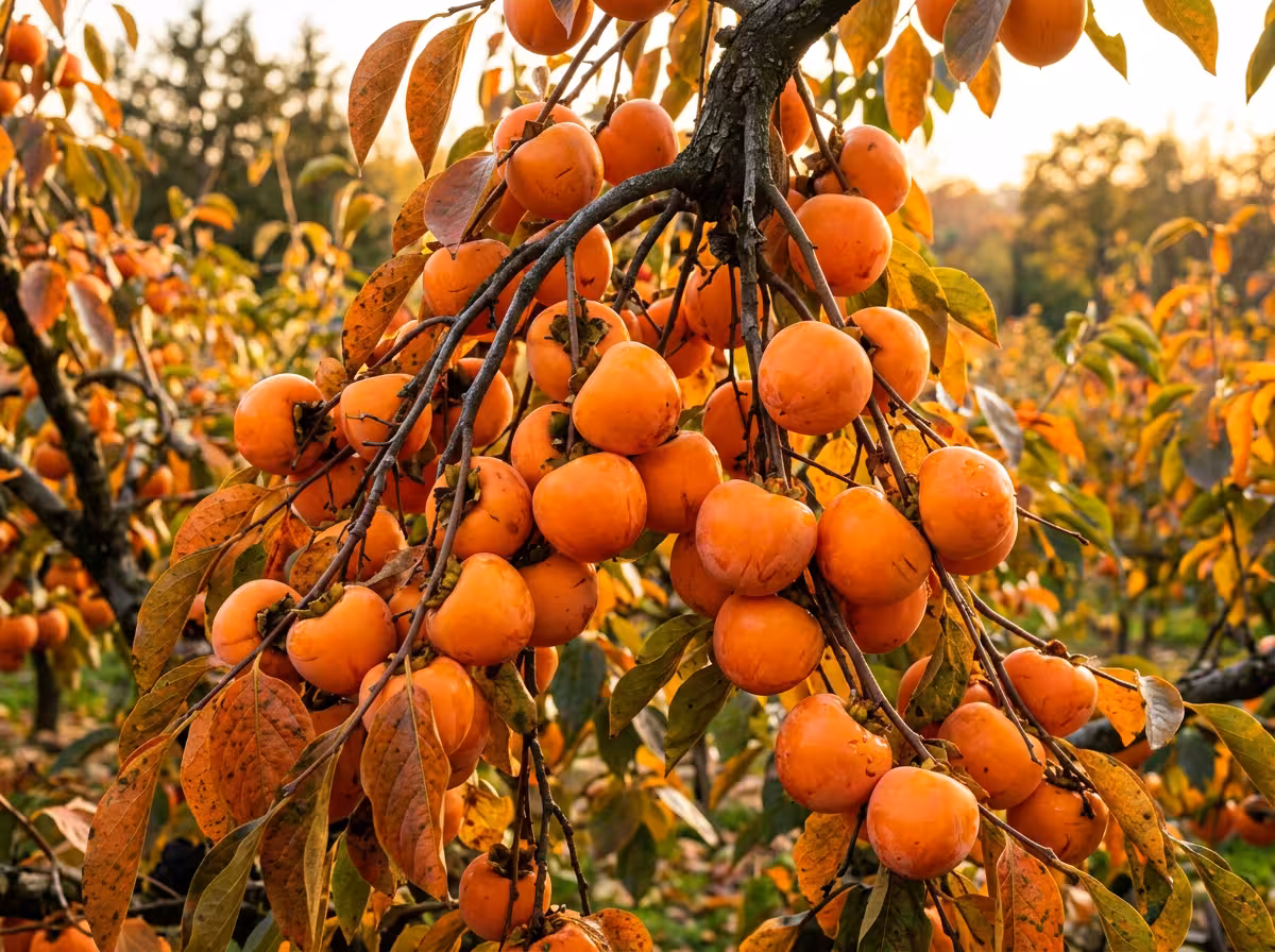 Kakis mûrs en grappes denses, couleur orange brillant, feuillage automnal, prêts à la récolte