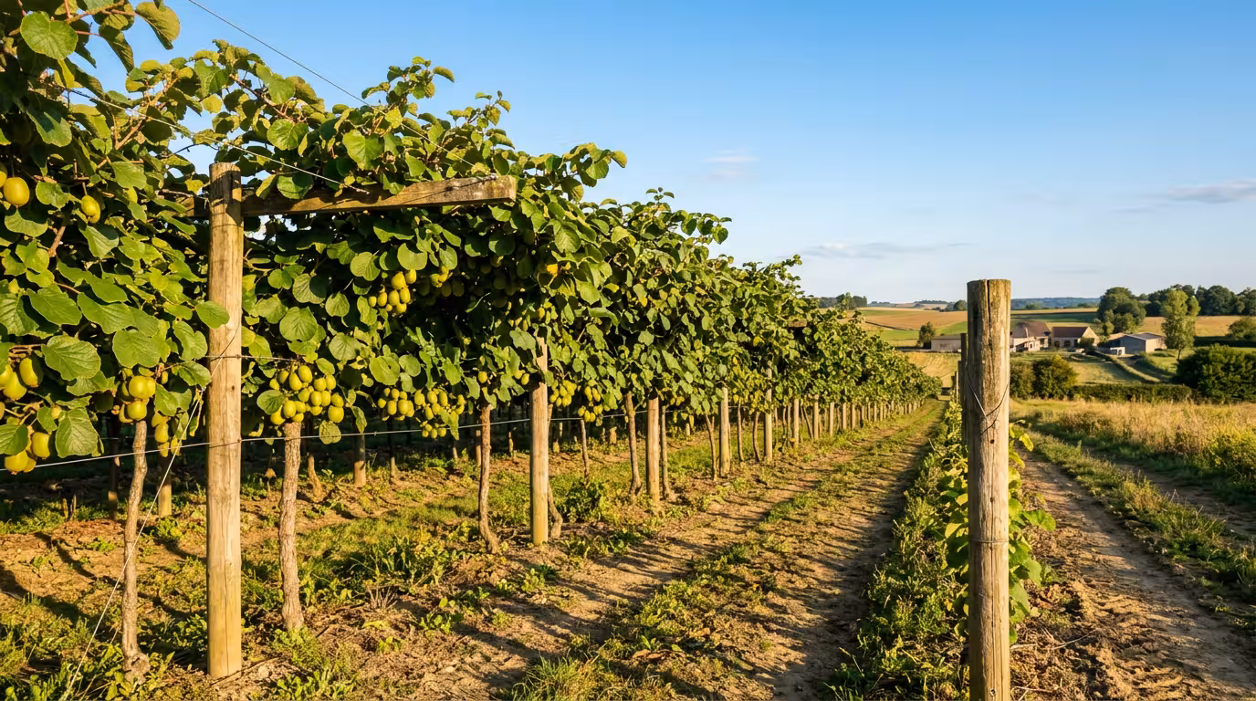 Culture de kiwis en lignes avec structures de support, feuillage vert et fruits visibles