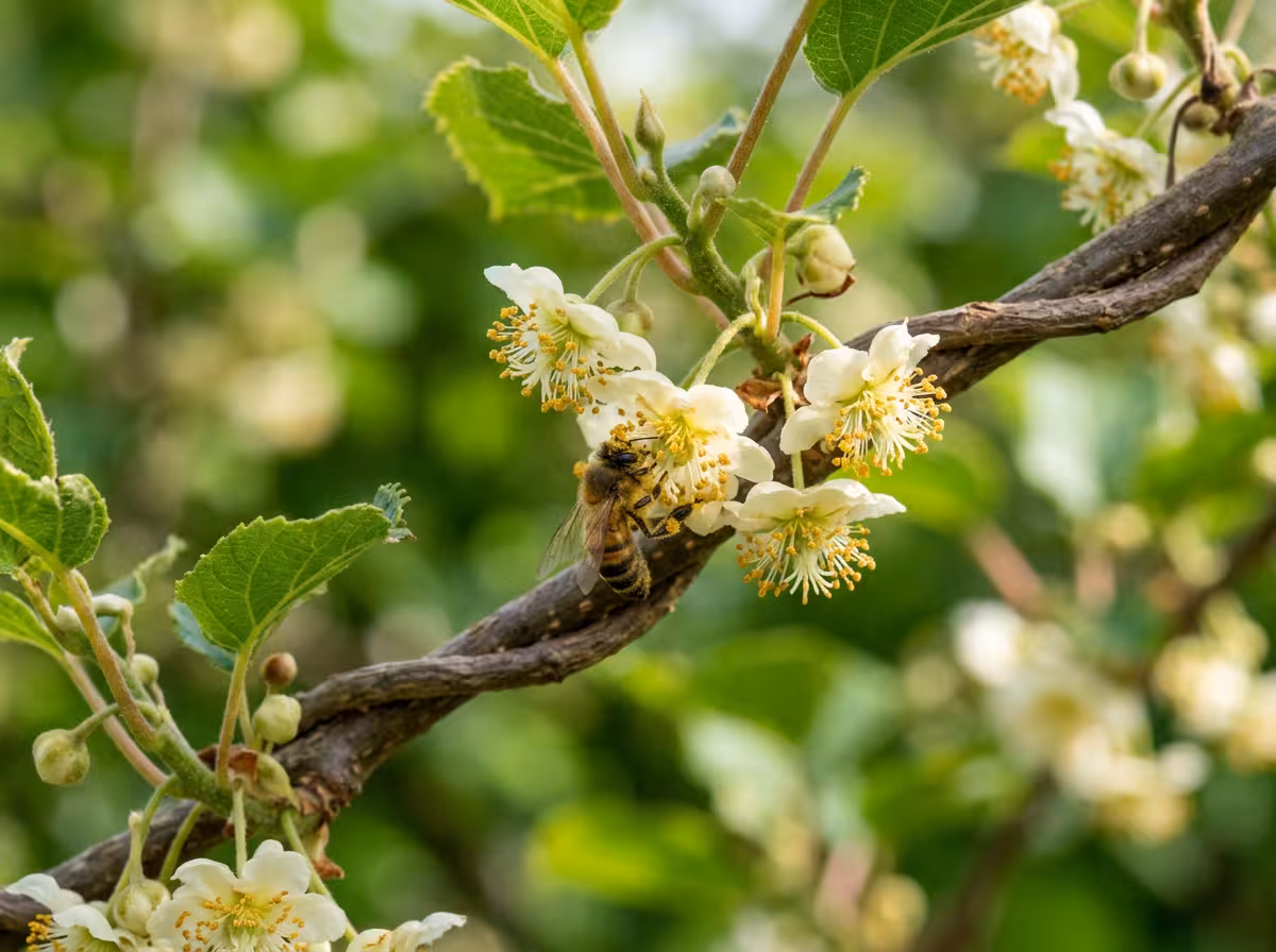 Fleurs de kiwi avec une abeille en train de polliniser, pollinisation naturelle