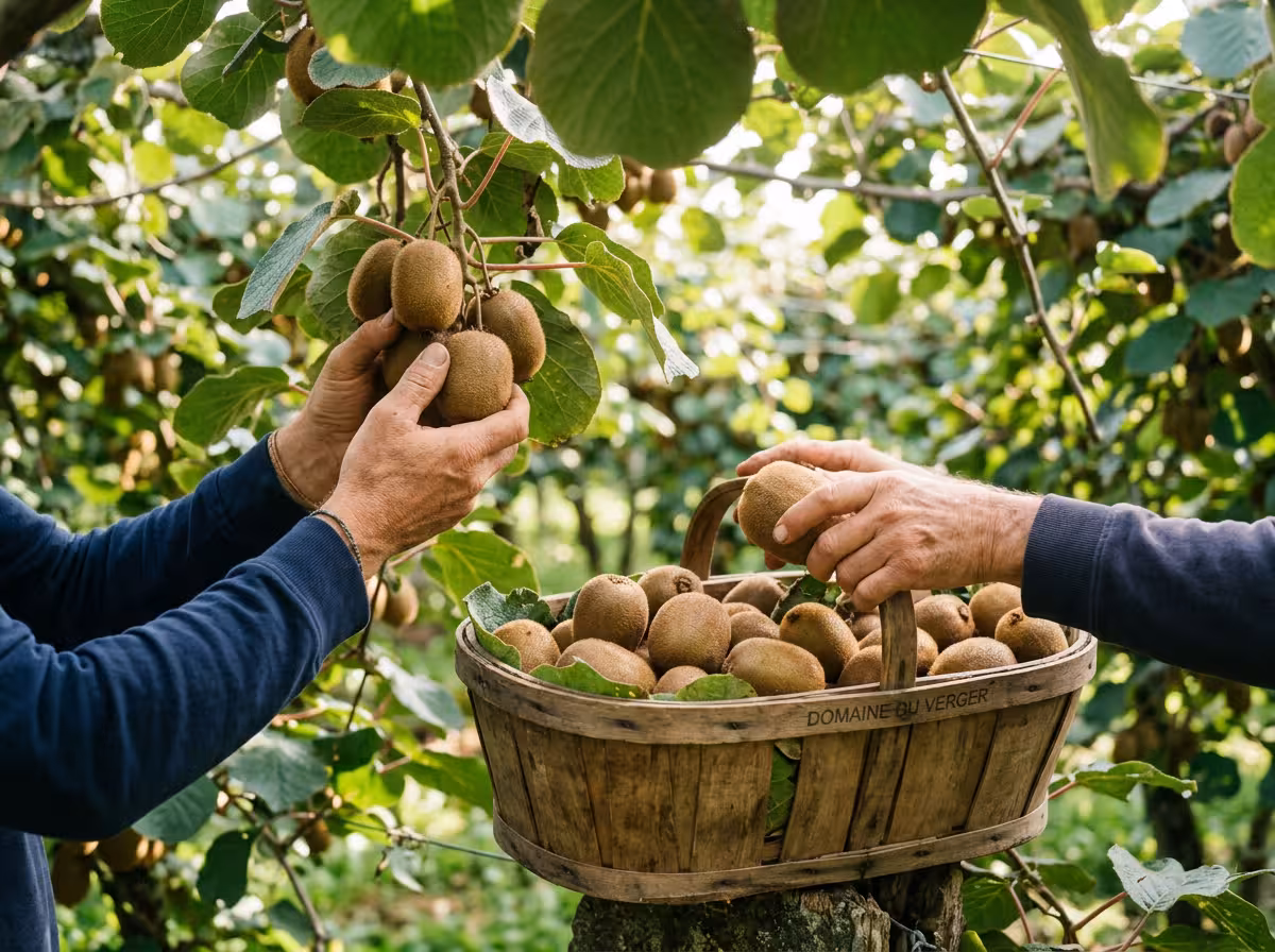 Récolte de kiwis mûrs cueillis à la main dans un panier, fruits avec leur peau duveteuse caractéristique
