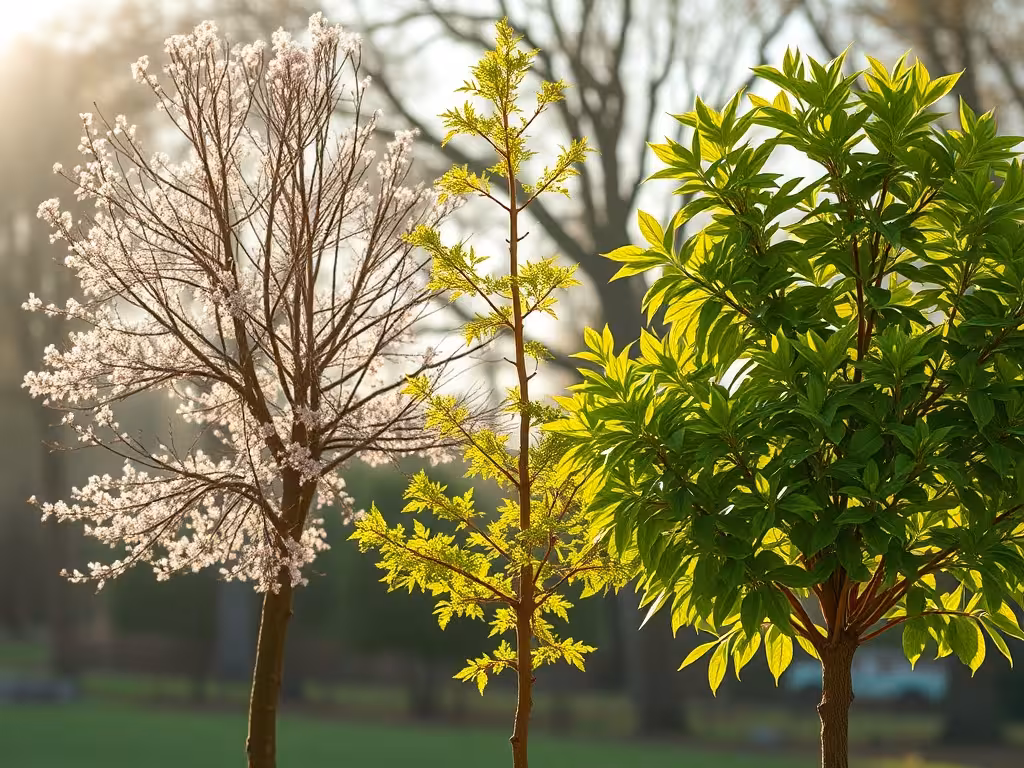 Trois jeunes arbres aux formes contrastées illustrant la diversité des espèces à croissance rapide.