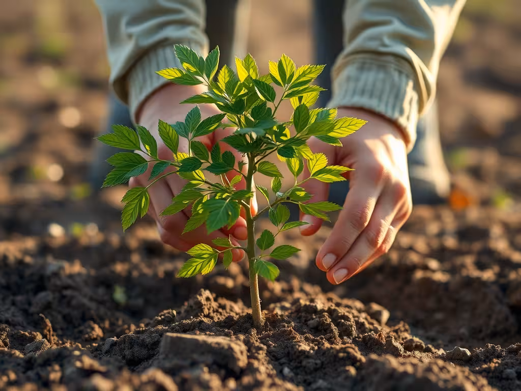 Geste de plantation d'un jeune arbre dans un terrier préparé.