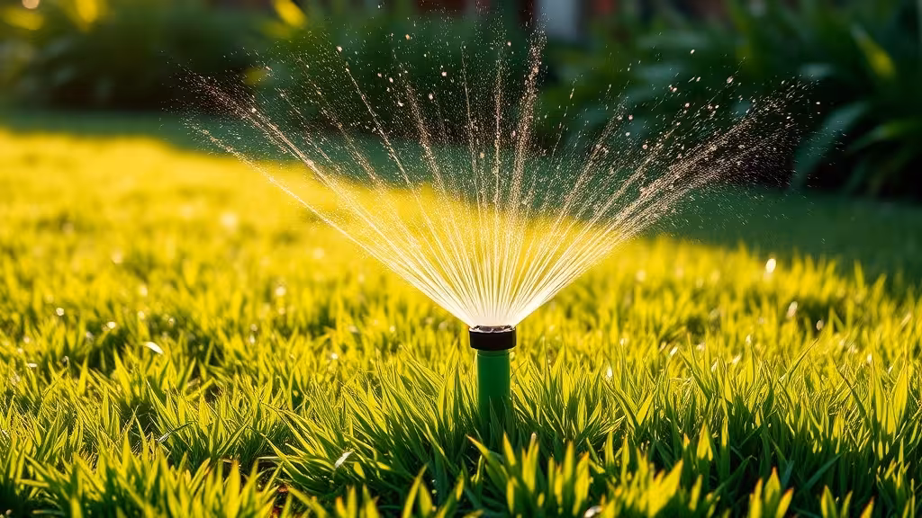 Pelouse verte avec un arroseur automatique en fonctionnement, gouttelettes d'eau visibles à la lumière naturelle.