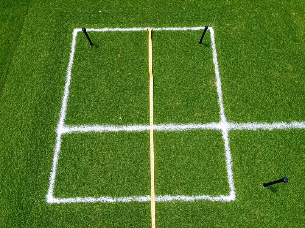 Pelouse avec zones d'arrosage tracées, outils de mesure, préparation d'installation du réseau.
