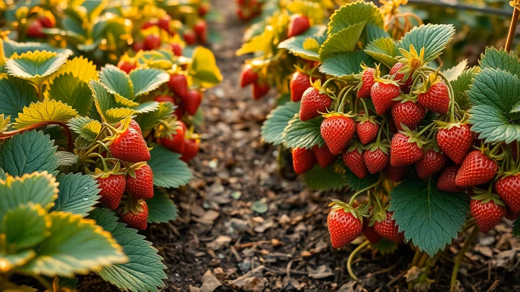 Rangée de fraisiers en production avec fraises rouges mûres et arrosage visible