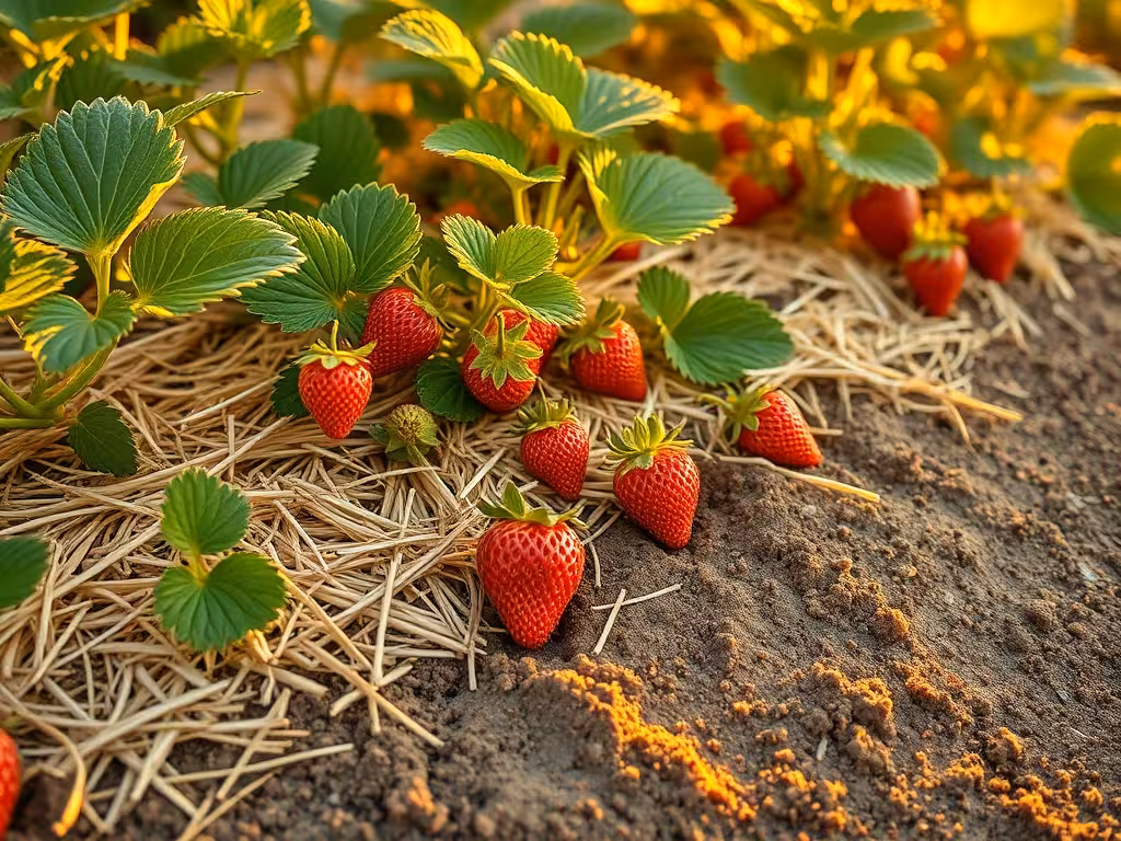 Fraisiers protégés par du paillage conservant l'humidité du sol