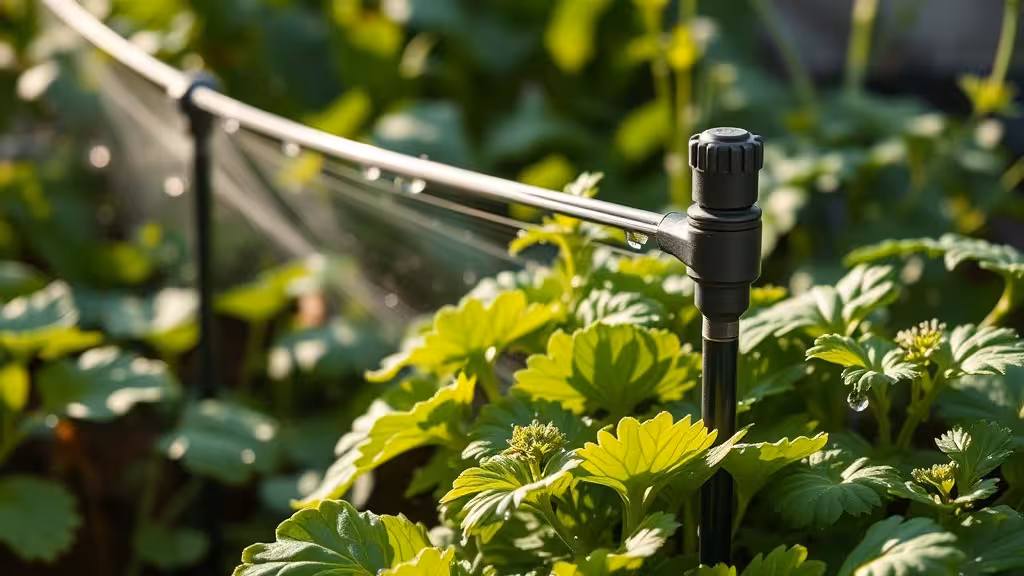 Jardin en arrosage gouttelette avec plantes vertes luxuriantes à la lumière du matin
