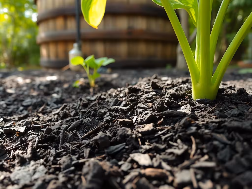 Paillage et tonneau de récupération pour l'arrosage économe de jardins durables