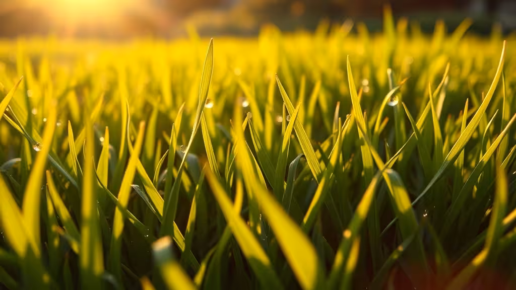 Pelouse verte et bien arrosée au lever du soleil, couverte de rosée.