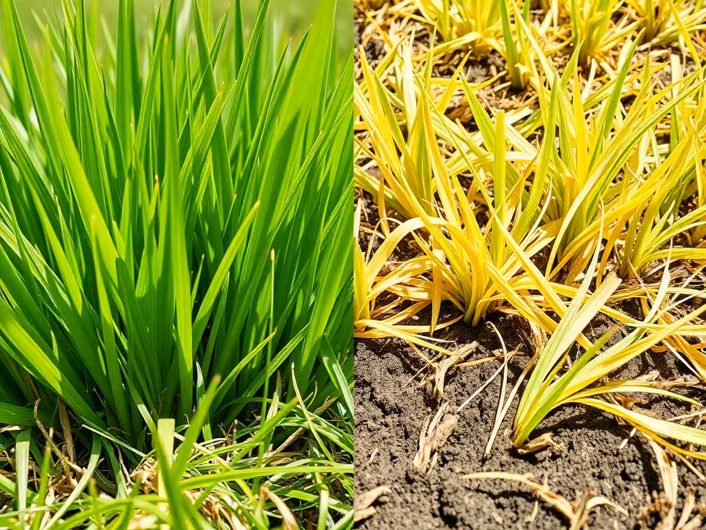 Comparaison entre gazon sain vert et gazon stressé jauni manquant d'eau.