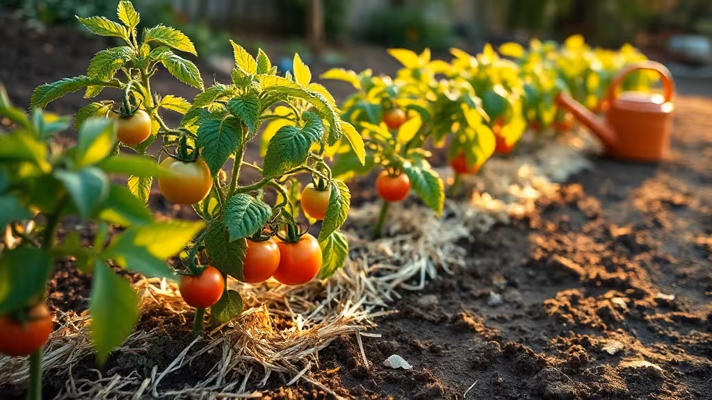 Rangée de plants de tomate avec paillage au sol et arrosoir en fin de chantier d'arrosage matinal