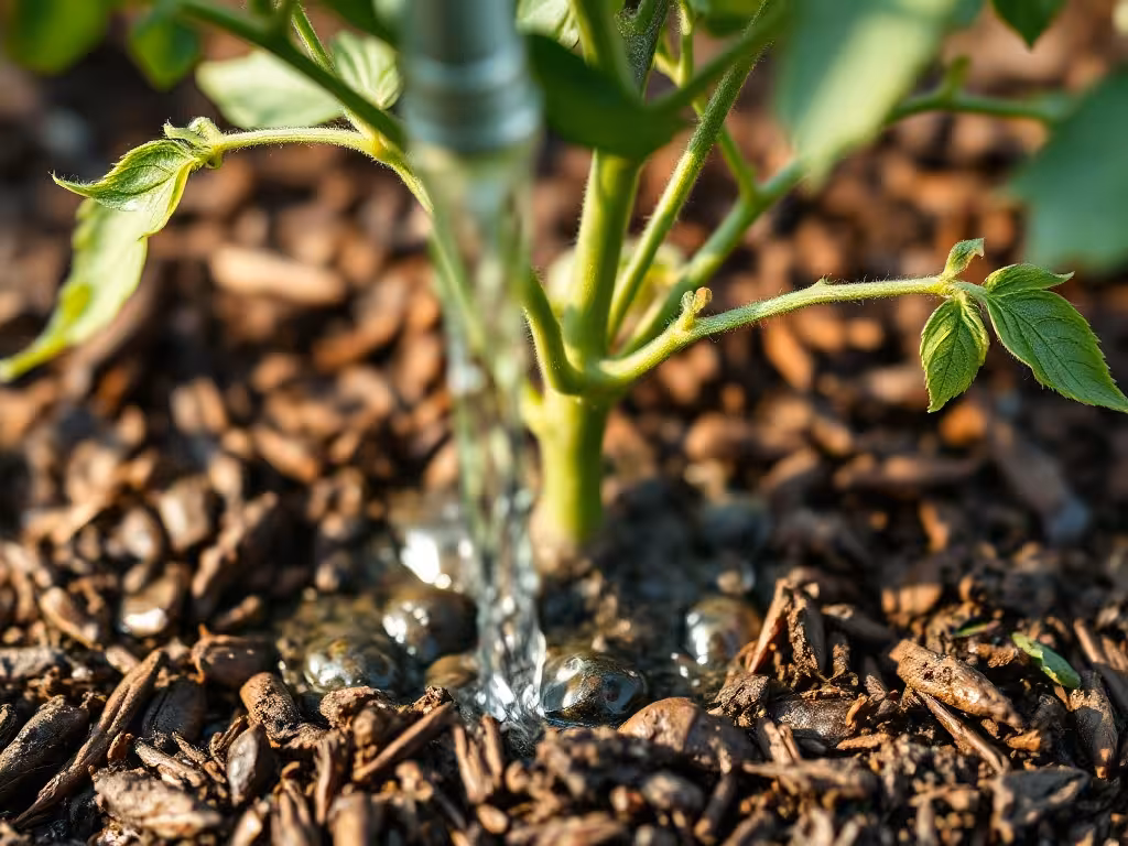 Arrosage direct au pied d'un plant de tomate, mulch au sol, feuillage sec