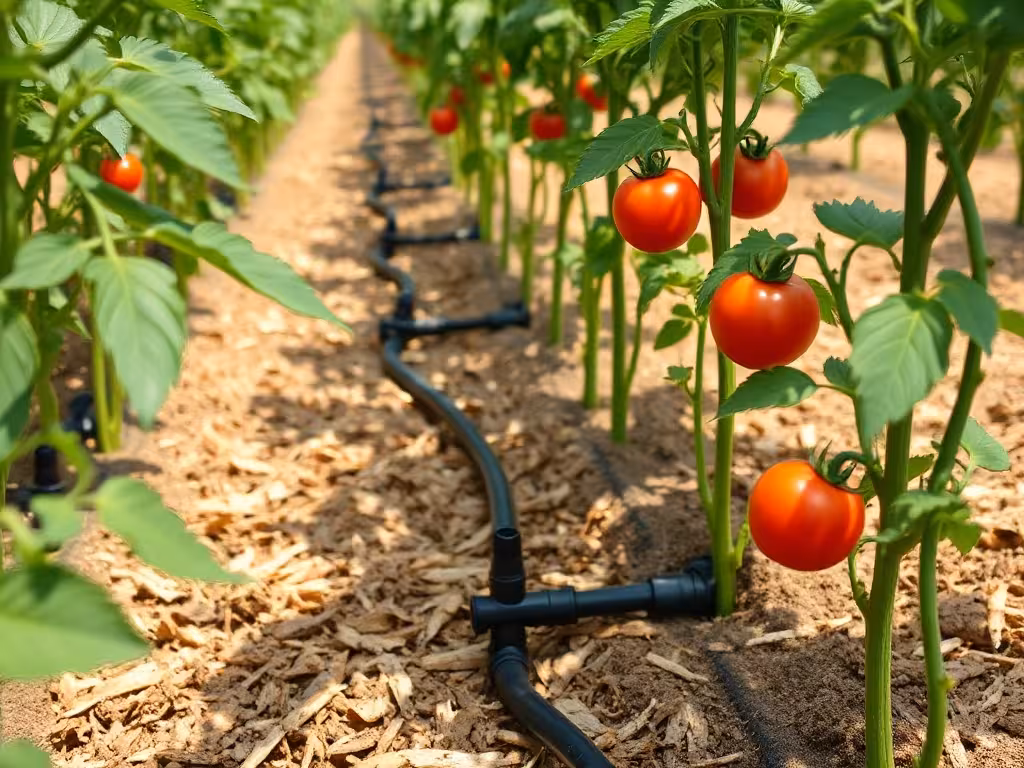 Système de goutte-à-goutte et paillage installés au pied de plants de tomate