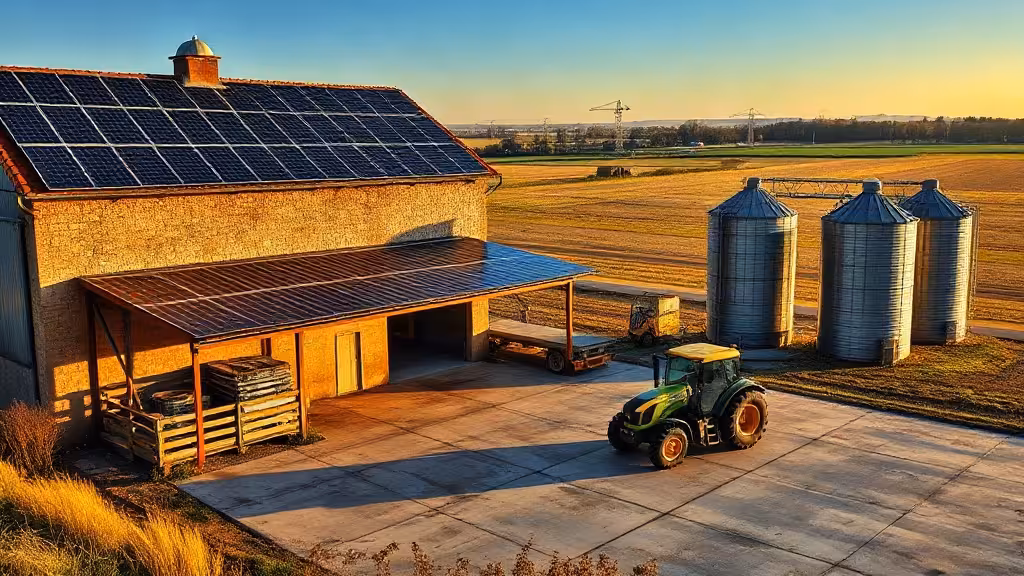 Autoconsommation électrique exploitation avec panneaux solaires sur un bâtiment agricole et équipements de ferme.