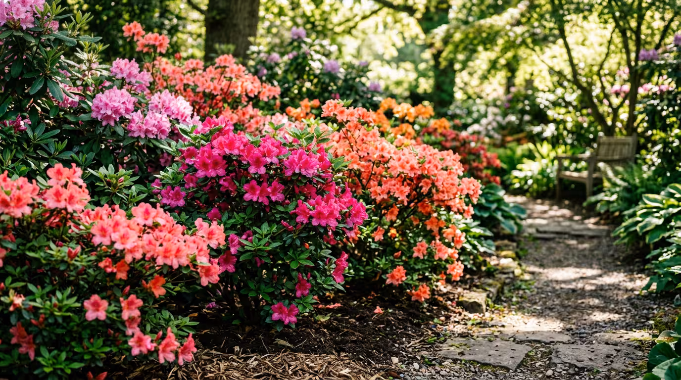 Azalée en floraison colorée, feuillage luxuriant, contexte de jardin