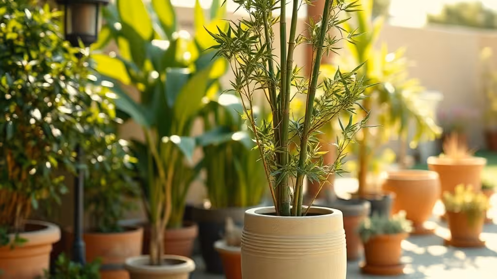 Bambou élancé en jardinière sur une terrasse ensoleillée, entouré de plantes d'accompagnement