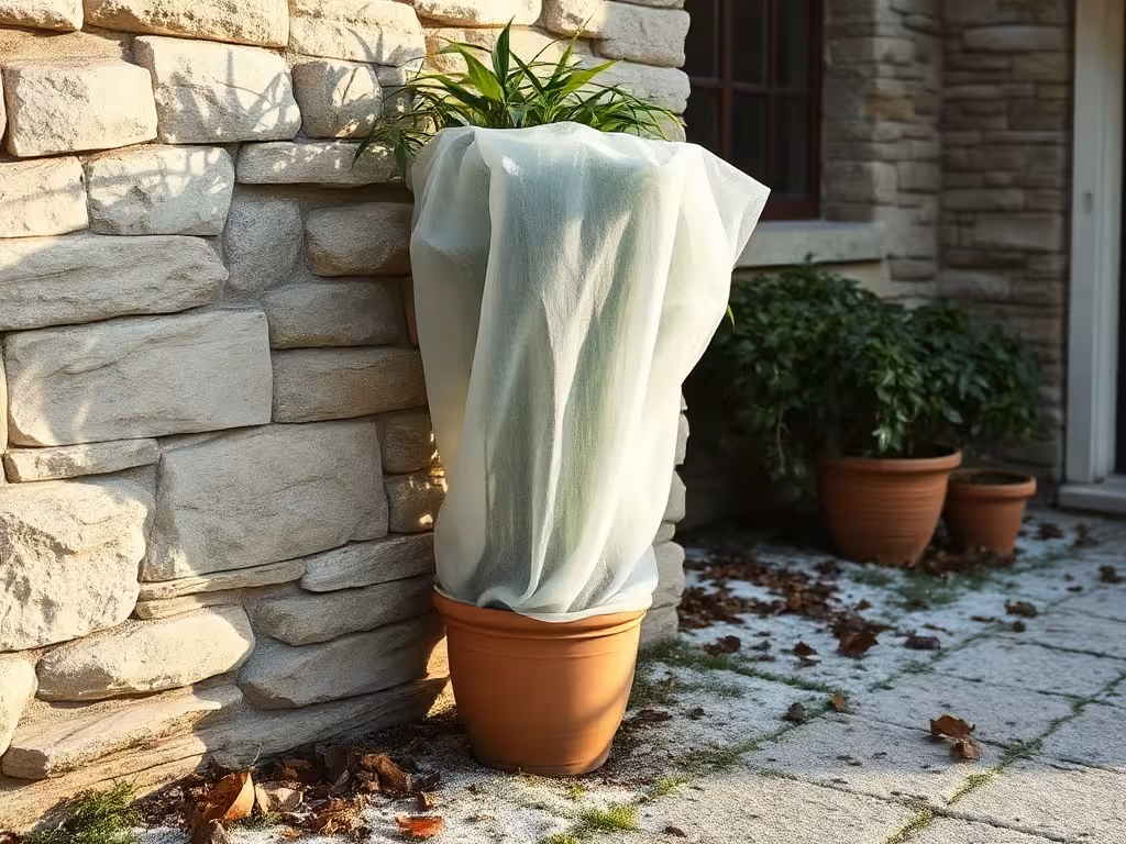 Bambou en jardinière protégé par un voile d'hivernage contre le froid