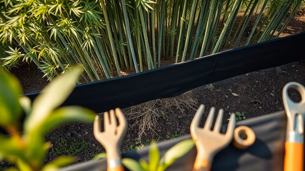 Bambou vigoureux dans un jardin avec barrière de retenue visible au premier plan et rhizomes qui émergent, illustrant le défi de la maîtrise
