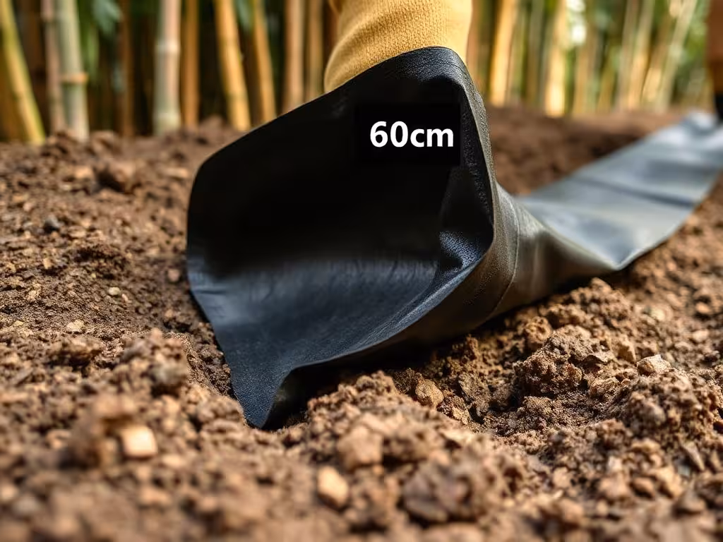 Installation d'une barrière anti-rhizomes en géotextile noir enfoncée profond dans le sol, détail pratique montrant le geste et la profondeur requise