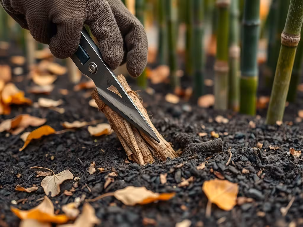 Coupe d'automne de rhizomes de bambou émergents visible en surface du sol avec un outil tranchant, illustrant l'entretien régulier nécessaire