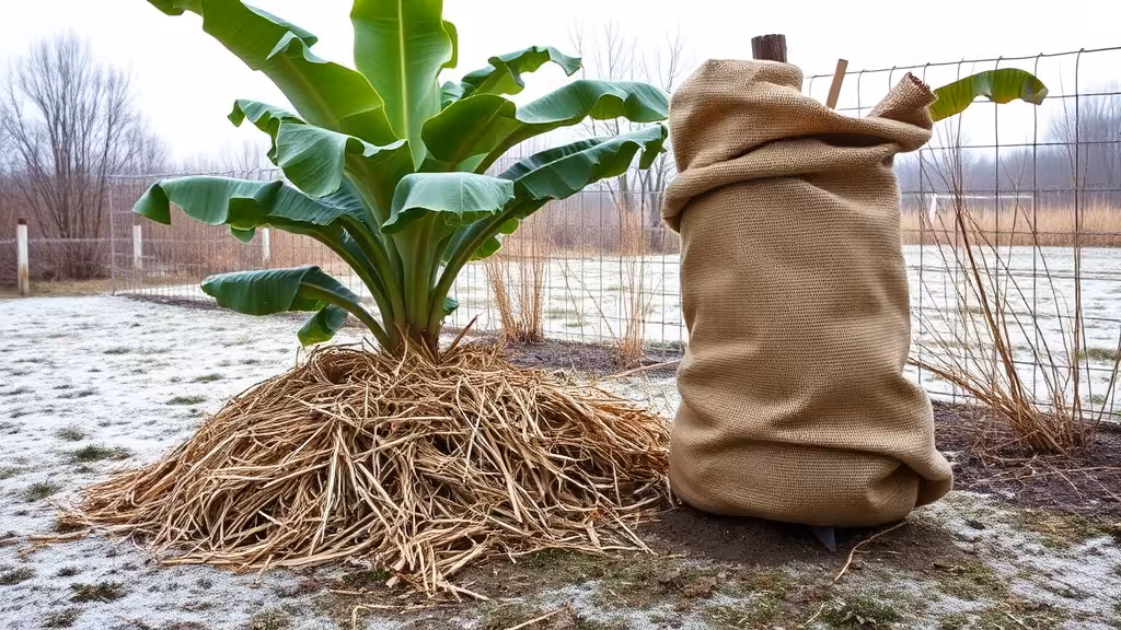 Bananiers en hiver protégés par paillage et toile de jute dans un petit jardin