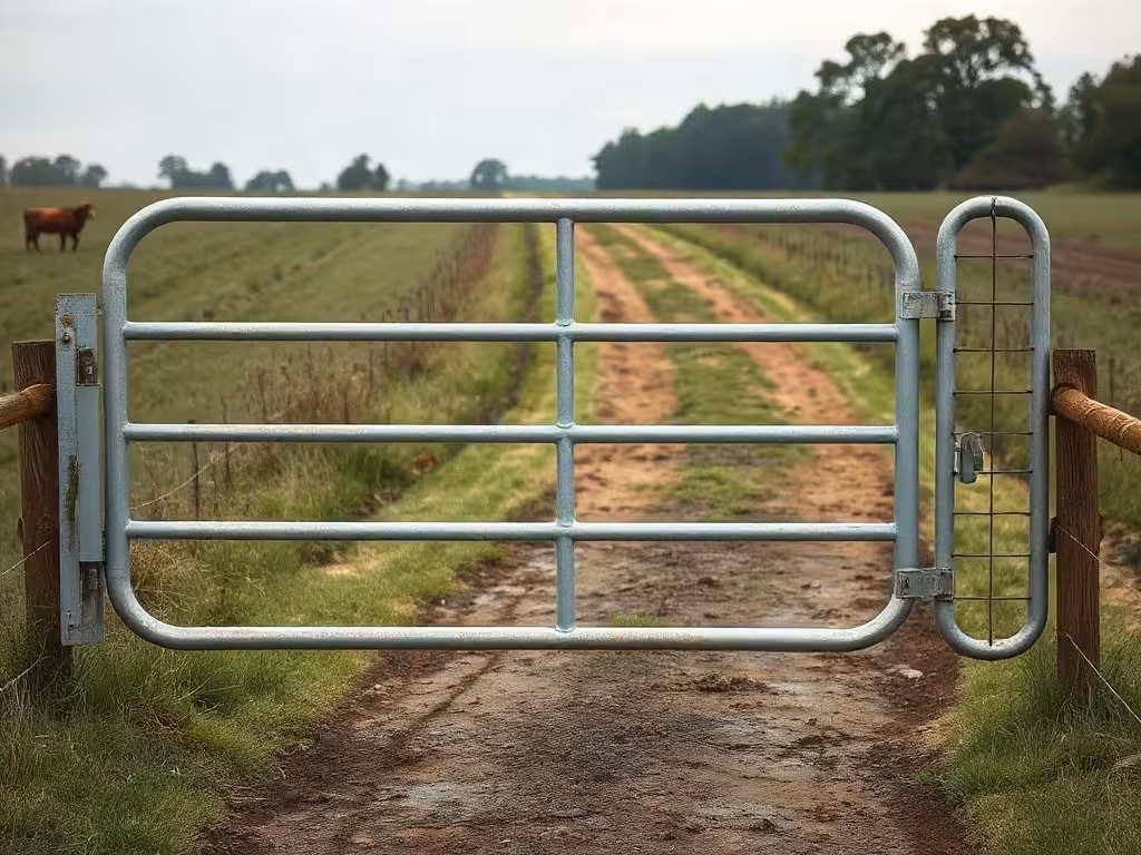 Largeur d’une barrière galvanisée adaptée au passage d’un tracteur dans un parc.