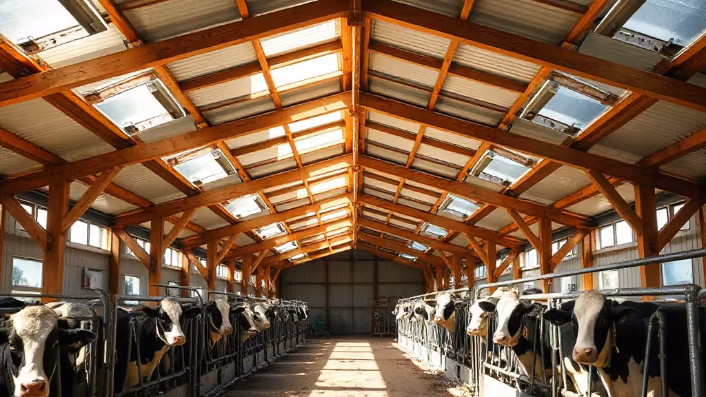 Intérieur de bâtiment d'élevage bien ventilé avec lumière naturelle et flux d'air optimal