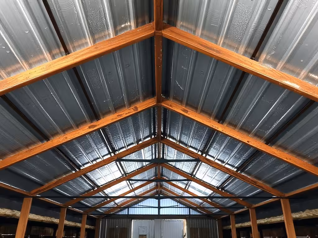Condensation hivernale sur la toiture d'un bâtiment d'élevage