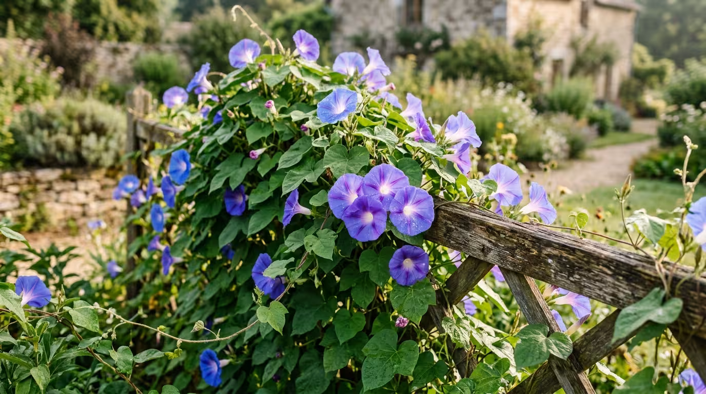 Belles de jour en fleur épanouies sur un treillage de jardin, fleurs bleues et violettes lumineuses