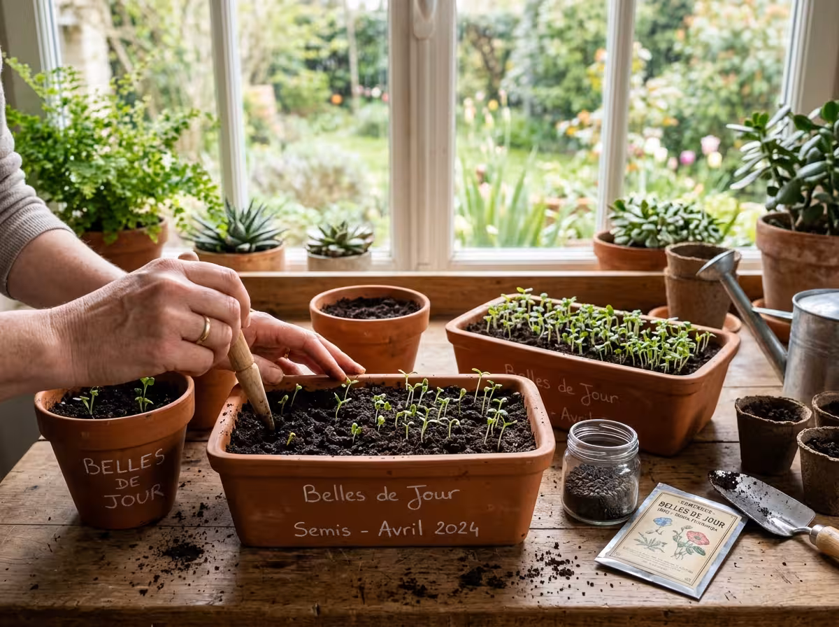 Semis de belles de jour en terrines, jeunes plantules prêtes pour la plantation