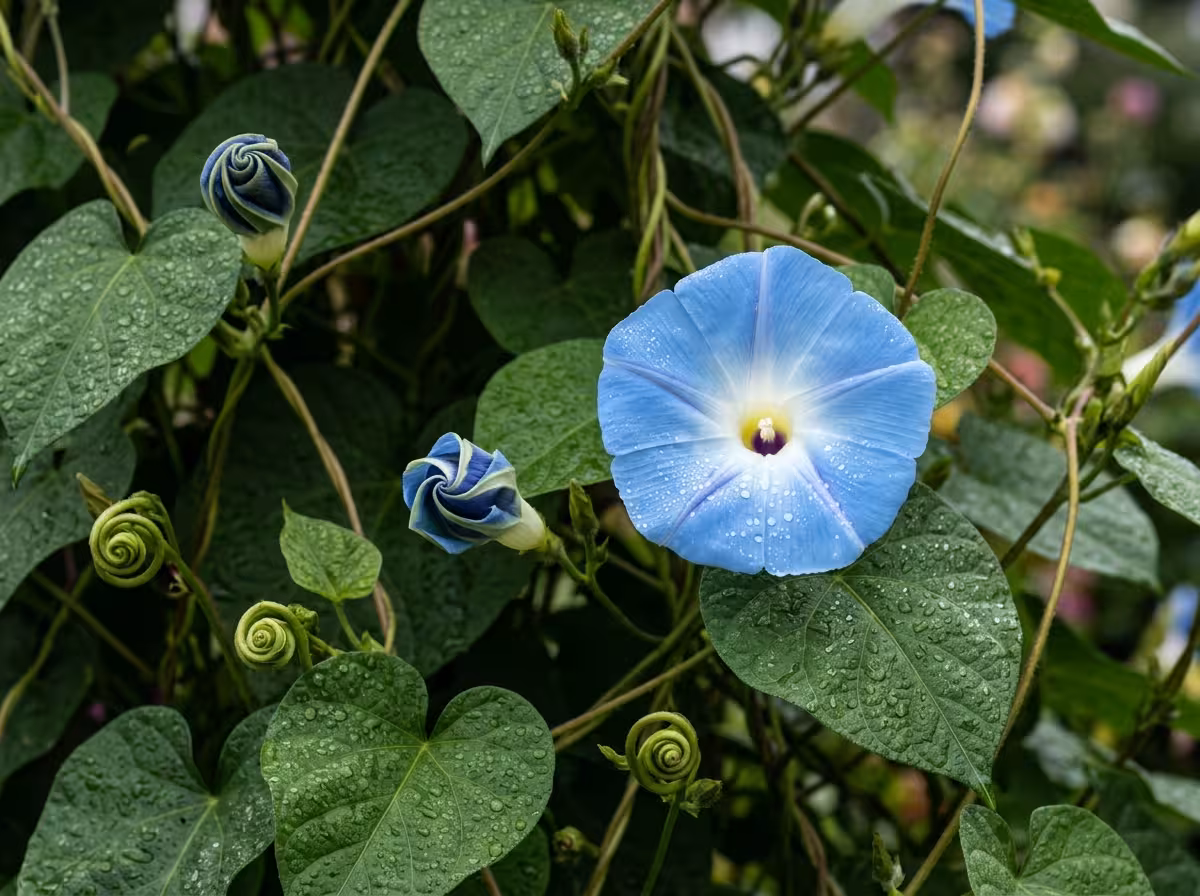 Ipomées en floraison, fleurs bleu ciel à différents stades d'épanouissement