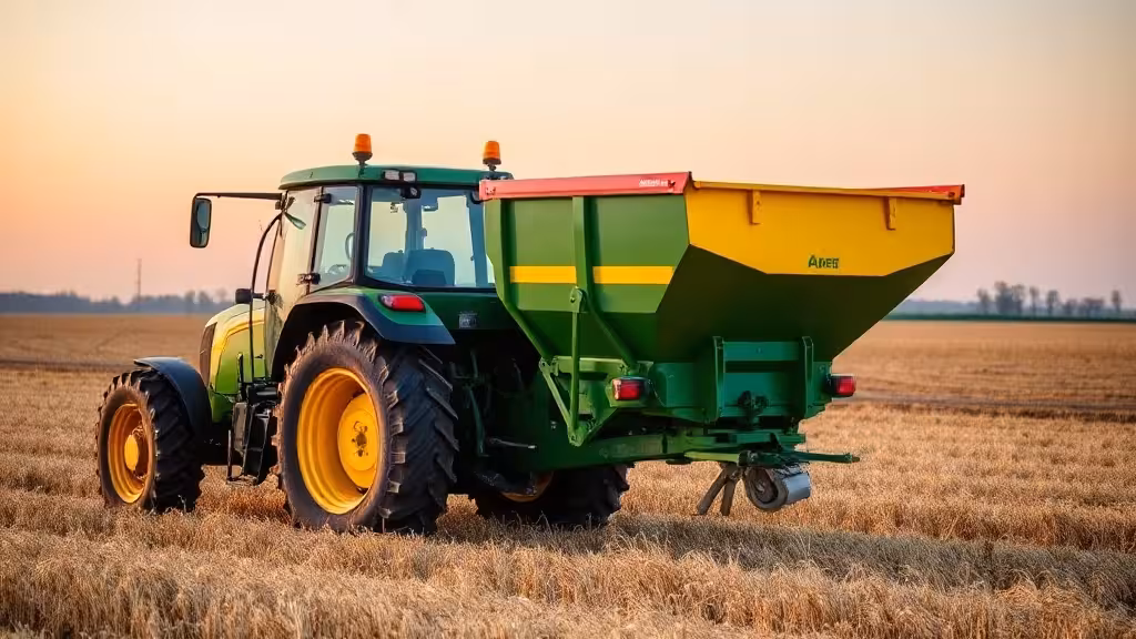 Benne agricole trois points attelée à un tracteur, vue latérale en campagne montrant l'attelage et le volume.