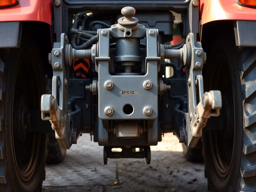 Gros plan sur l'attelage trois points du tracteur avec les trois points de fixation et broches visibles.