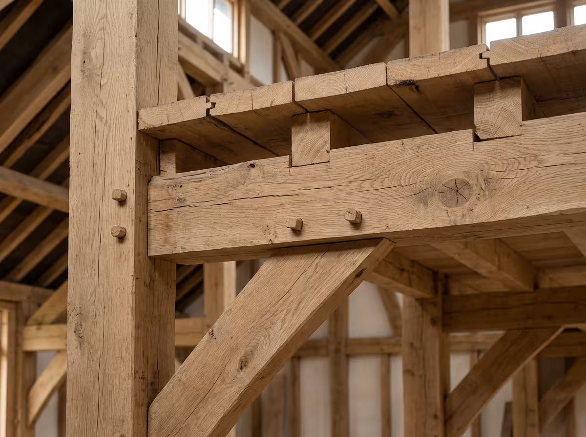 Détail de structure en bois montrant l'ossature et les épaisseurs de planche