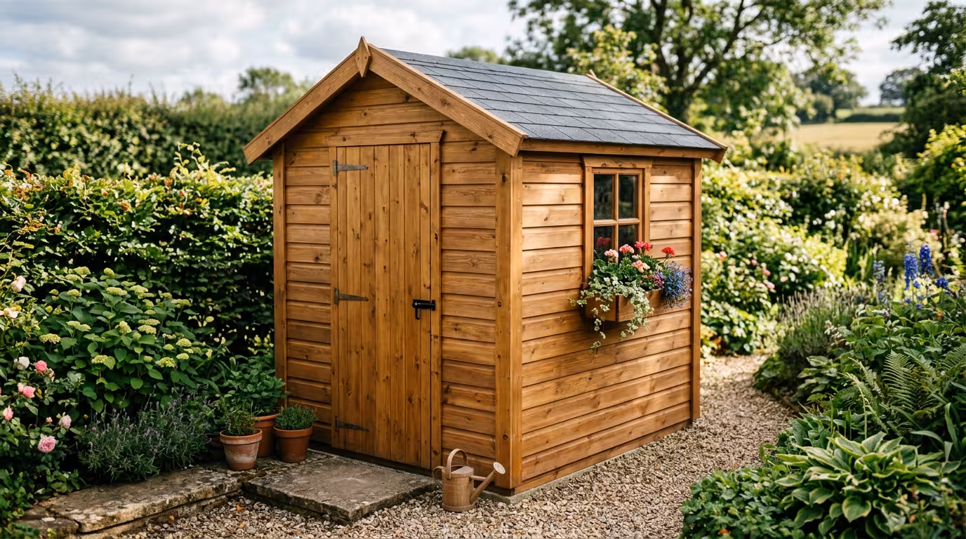 Cabanon de jardin en bois achevé dans un jardin verdoyant, montrant une construction de qualité