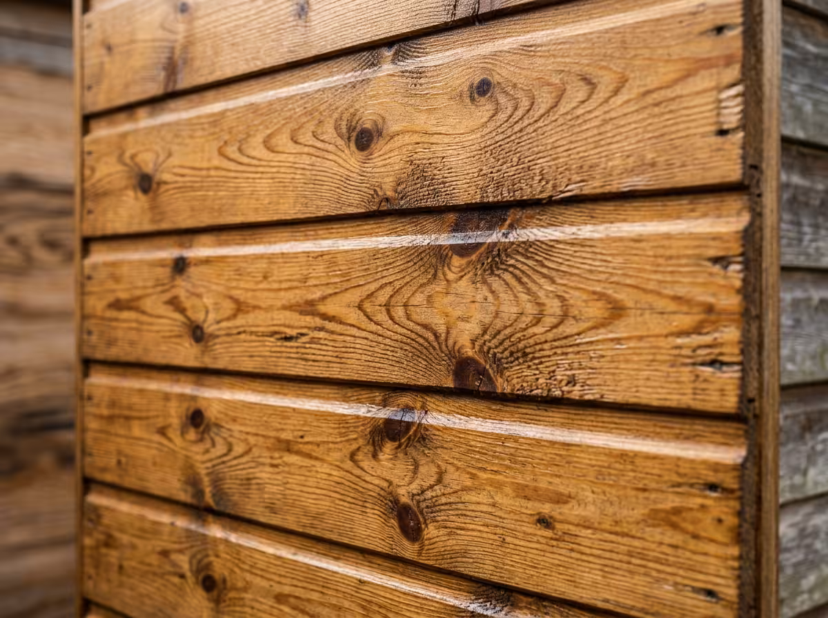 Détail d'une paroi de cabanon en bois lasurée, montrant le traitement protecteur et la durabilité