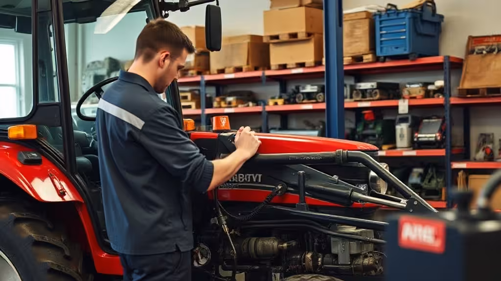 Intérieur d'un atelier concessionnaire agricole avec mécanicien réparant le moteur d'un tracteur.