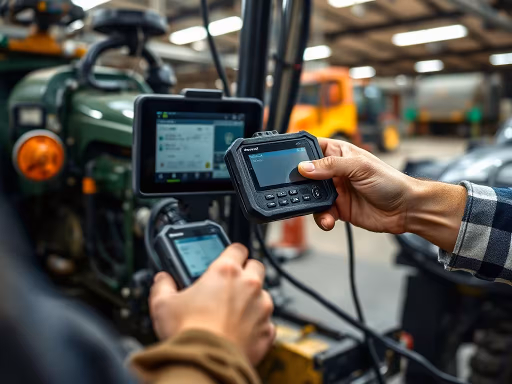 Diagnostic technique d'un tracteur effectué par un mécanicien spécialisé avec outils professionnels.