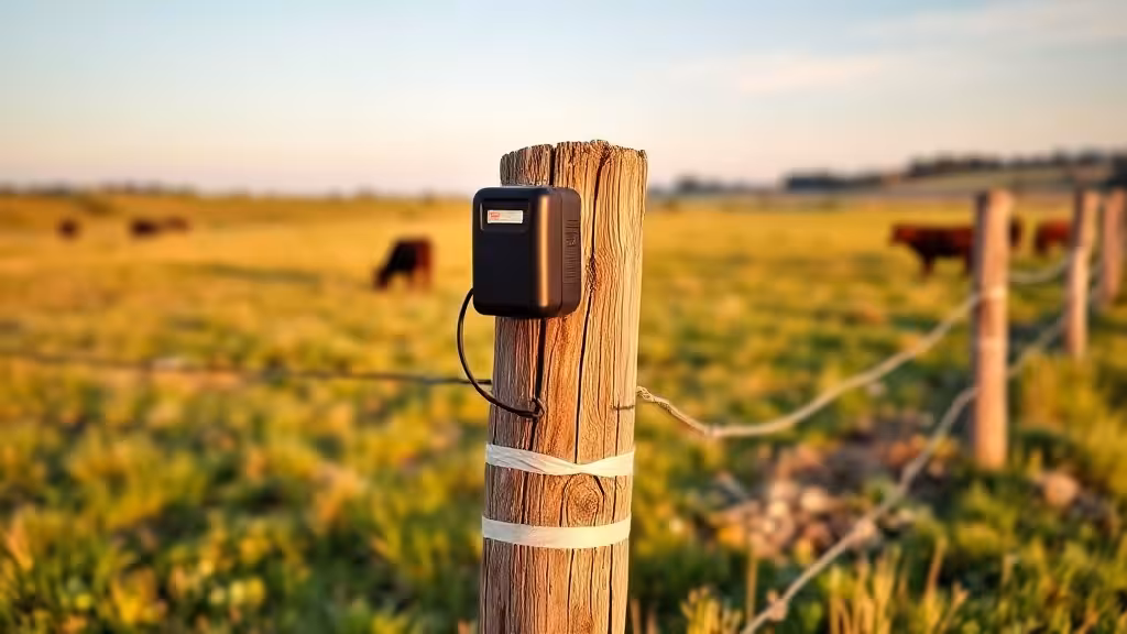 Clôture électrique d'élevage installée dans prairie verte, avec électrificateur et animaux en arrière-plan