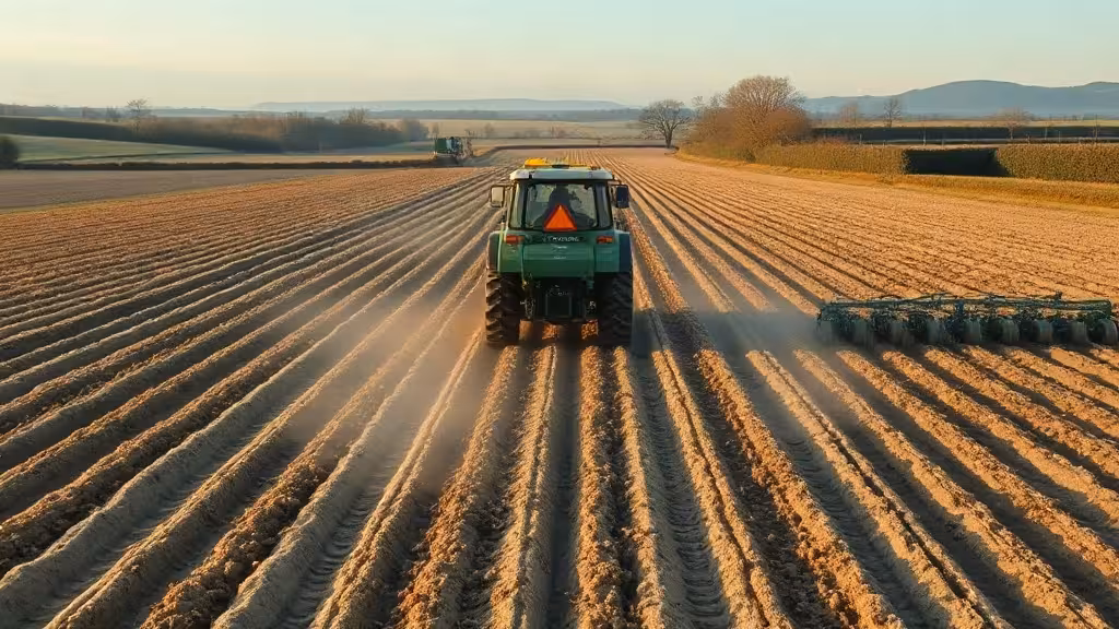 Combiné semis en travail dans une parcelle au printemps, derrière un tracteur.